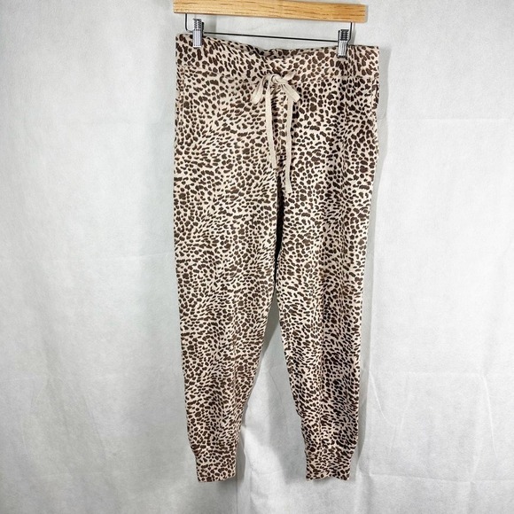 Monrow Cashmere Blend Soft Knit Leopard Print Jogger Size XL Latte - Picture 1 of 10